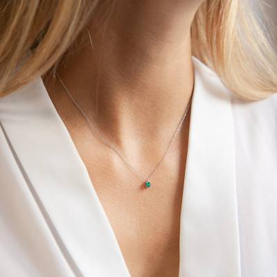 Collier Emeraude Solitaire Or Blanc 750, Longueur 40 à 42 cm - Demetra