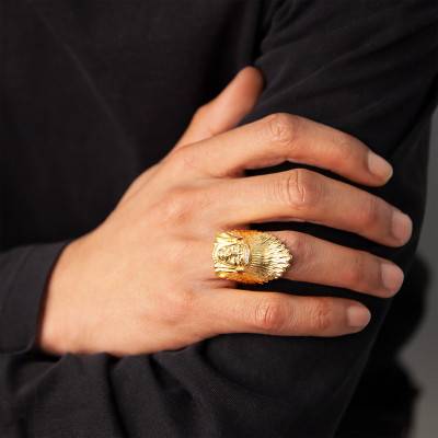 375/1000 Yellow Gold, Diamond & Ruby Native American Head Signet Ring - Imperium