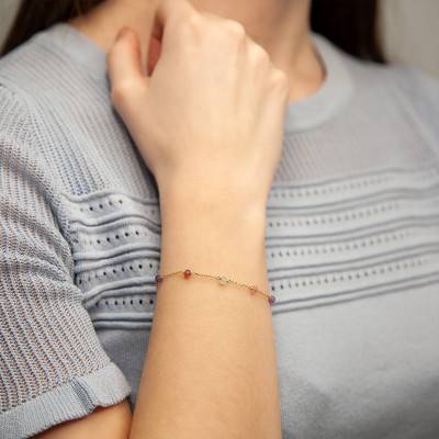 375/1000 Yellow Gold & 9 Semi-Precious Stones Bracelet, Adjustable Length 18 cm - Maison Ballet by Scarlett
