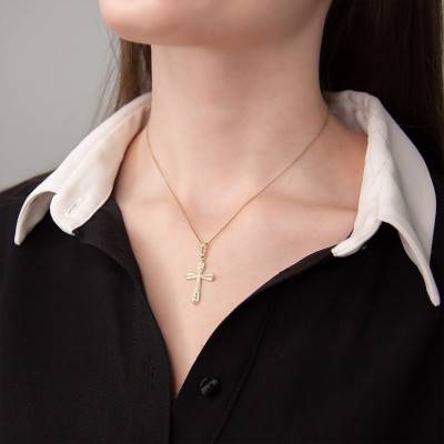 Yellow 375/1000 Gold Pearled Cross Pendant - Vandona