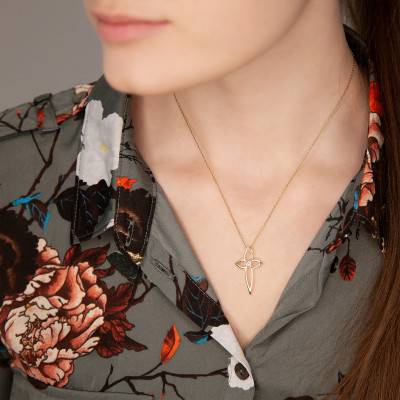 375/1000 Yellow Gold & Cubic Zirconia Floral Cross Pendant - Vandona