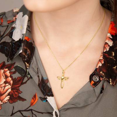 375/1000 Yellow Gold Winged Cross and Heart Pendant - Vandona