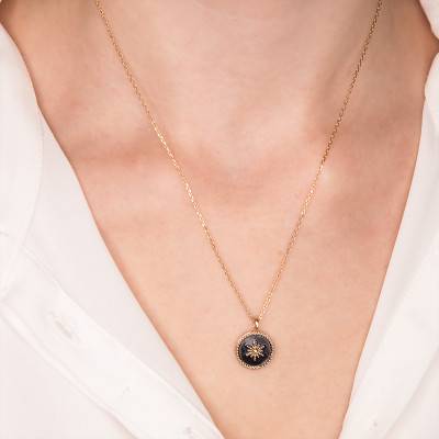 Pendentif plaqué or pierre noire soleil - Naïades