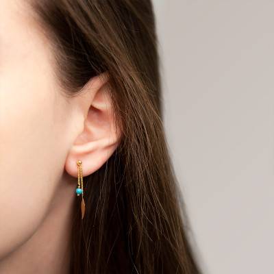 Boucles d'oreilles pendantes turquoise et plume, Or Jaune 375 - Scarlett or Scarlett