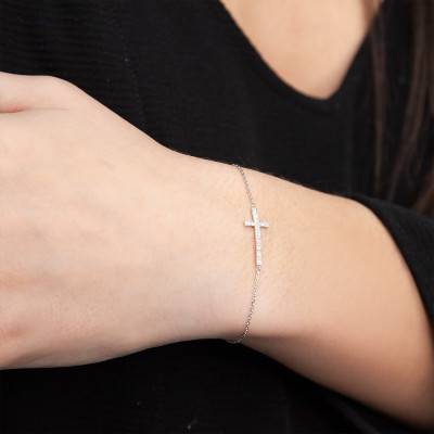 750/1000 White Gold & Diamond Cross Bracelet, Adjustable Length 15 cm to 16 cm - Joelli