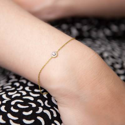 Bracelet Solitaire Accompagné Or Jaune 375 ou 750 et Diamants, 15,5 cm à 18 cm - Diamond Lady