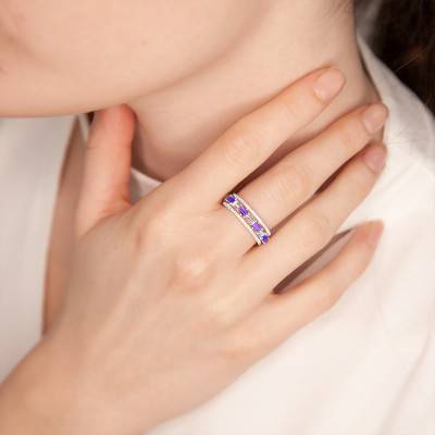 Bague Triple Anneaux Améthyste, Diamants & Or Blanc 375 - Aurora