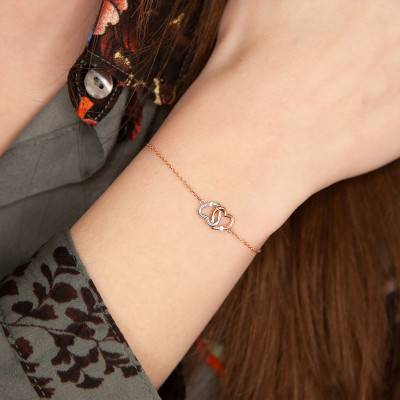 Two-Tone Gold 375 or 750 Interlaced Hearts & Diamond Bracelet, Length 16 cm to 18 cm, Width 1.50 mm - Emanessence