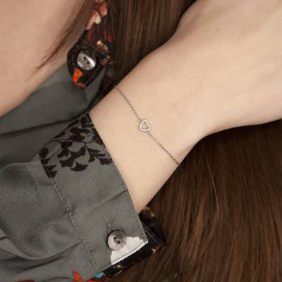 Bracelet Coeur en Or Blanc & Diamants 0,04 ct, Longueur de 16 cm à 18 cm - Emanessence
