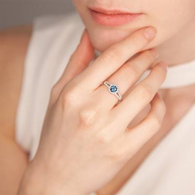 750/1000 White Gold London Blue Topaz and Diamond Halo Ring - Aurora