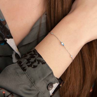 Bracelet, Or Blanc 375, Topaze Bleue & Diamants, Longueur 16 à18 cm - Aurora