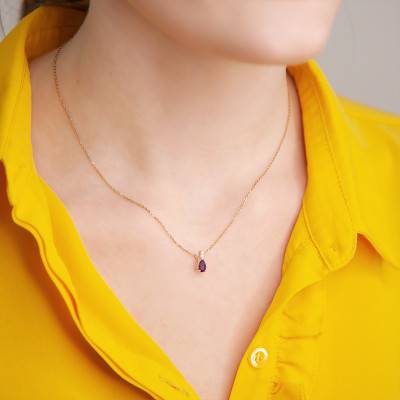 375 Yellow Gold & Pear Amethyst and Diamond Pendant - Aurora