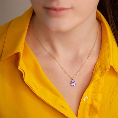 Yellow Gold 375 or 750 Square Pendant with Amethyst & Diamonds - Aurora
