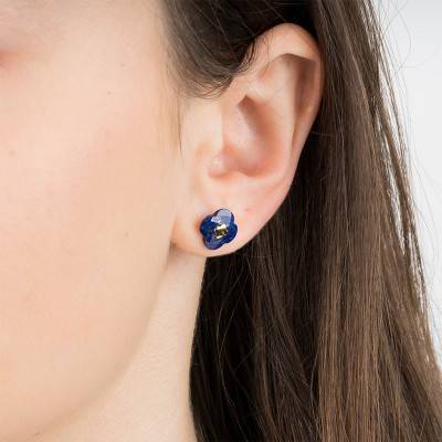 Yellow Gold 750 & Lapis Lazuli Clover Stud Earrings - Morganne Bello