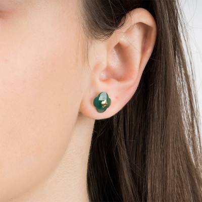Yellow Gold & Green Agate Clover Stud Earrings - Morganne Bello