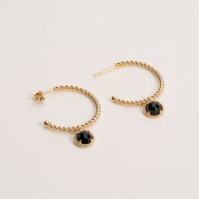 Créoles Lise, plaqué or & agate noire, Diamètre 28 mm - Ana & Cha
