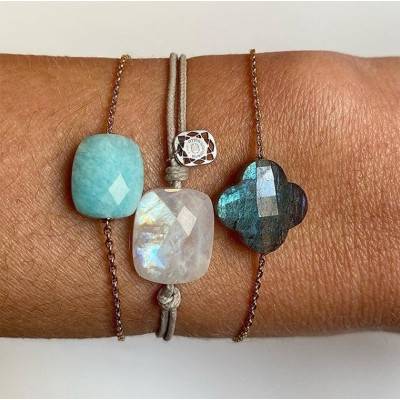 Gray Cord Bracelet with Oversize Cushion Rainbow Moonstone, Adjustable - Morganne Bello
