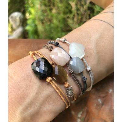 Golden Beige Cord Bracelet with Cushion Oversize Hiperstein Moonstone, Adjustable - Morganne Bello