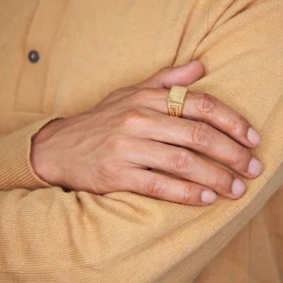 Yellow Gold Rectangular Chiseled Signet Ring - Imperium