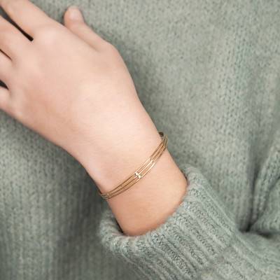 Yellow 18K Gold-Plated Open Openwork Bangle Bracelet with Zirconium Oxides, 58 mm Diameter - Naïades