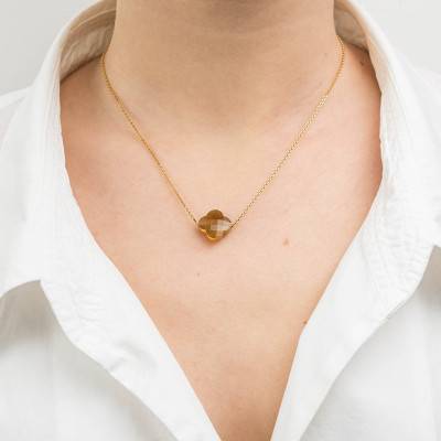 Yellow 750/1000 Gold & Golden Sunstone Clover Necklace, Adjustable Length 42 cm - Morganne Bello
