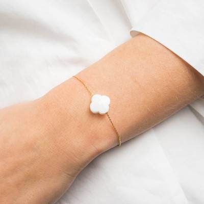 Bracelet Or Jaune Trèfle Agate Blanche, Longueur 17 cm Ajustable - Morganne Bello