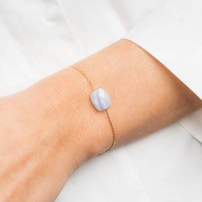 Bracelet Or Jaune 750 Coussin Agate Bleue Dentelle, Longueur 17 cm Ajustable - Morganne Bello
