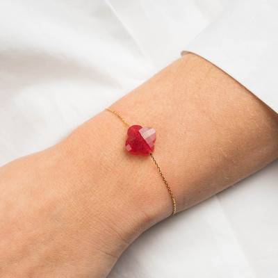 Bracelet Or Jaune 750 Trèfle Quartz Rouge, Longueur 17 cm Ajustable - Morganne Bello