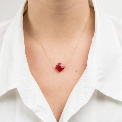 Yellow 750/1000 Gold & Red Quartz Clover Necklace, Adjustable Length 42 cm - Morganne Bello