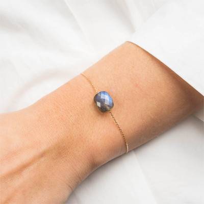 Bracelet Or Jaune 750 Coussin Labradorite, Longueur 17 cm Ajustable - Morganne Bello