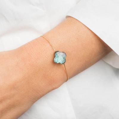 Yellow 750/1000 Gold & Labradorite Clover Bracelet, Adjustable Length 17 cm - Morganne Bello
