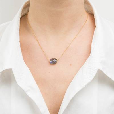 Collier Or Jaune 750 Coussin Labradorite, Longueur 42 cm ajustable - Morganne Bello