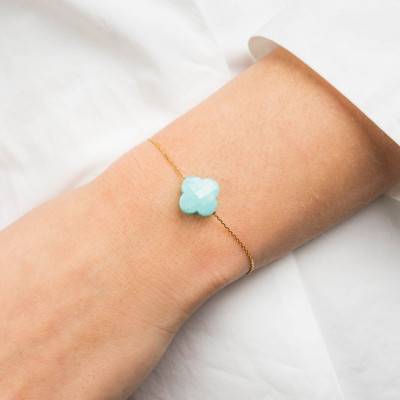 Bracelet Or Jaune 750 Trèfle Amazonite, Longueur 17 cm Ajustable - Morganne Bello