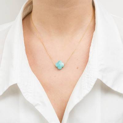 18K Yellow Gold & Amazonite Clover Necklace, Adjustable Length 42 cm - Morganne Bello