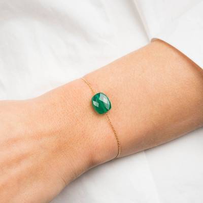 Bracelet Or Jaune Coussin Agate Verte, Longueur 17 cm Ajustable - Morganne Bello