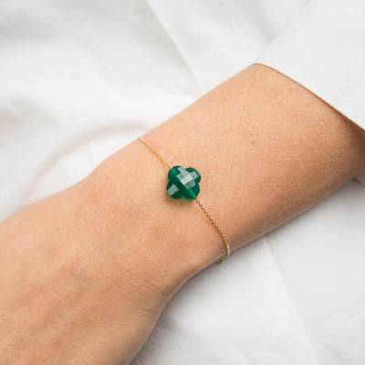 Bracelet Or Jaune Trèfle Agate Verte, Longueur 17 cm Ajustable - Morganne Bello
