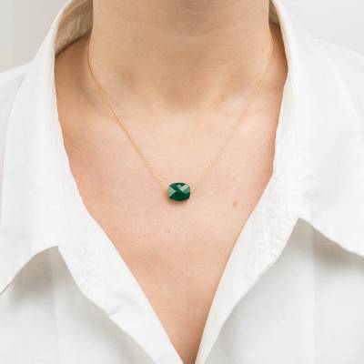 18K Yellow Gold & Green Agate Cushion Necklace, Adjustable Length 42 cm - Morganne Bello
