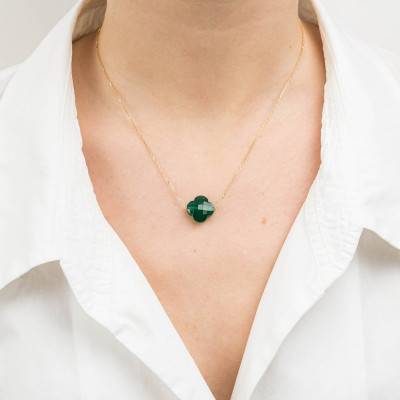 Collier Or Jaune 750 Trèfle Agate Verte, Longueur 42 cm ajustable - Morganne Bello