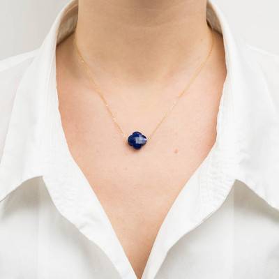 18K Yellow Gold & Lapis Lazuli Clover Necklace, Adjustable Length 42 cm - Morganne Bello