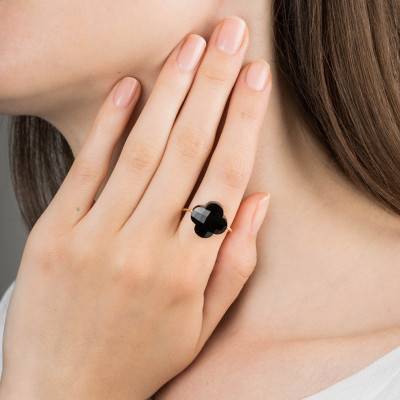 750/1000 Yellow Gold & Onyx Clover Ring - Morganne Bello