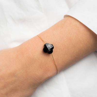 Bracelet Or Jaune Trèfle Onyx, Longueur 17 cm Ajustable - Morganne Bello