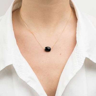 750/1000 Yellow Gold & Cushion Onyx Necklace, Adjustable Length 42 cm - Morganne Bello