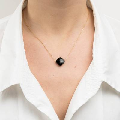 750 Yellow Gold & Clover Onyx Necklace, Adjustable Length 42 cm - Morganne Bello