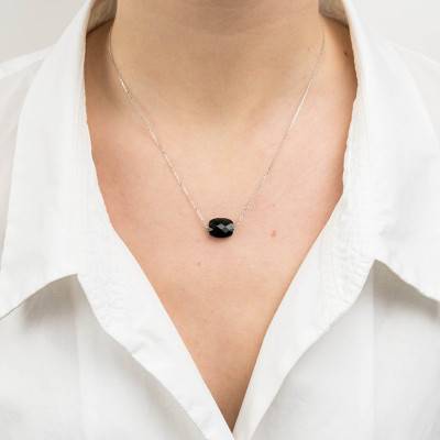 750/1000 White Gold & Cushion Onyx Necklace, Adjustable Length 42 cm - Morganne Bello