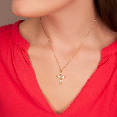 Yellow Gold 375 or 750 Layered Open-Work Catholic Cross Pendant - Rosatella