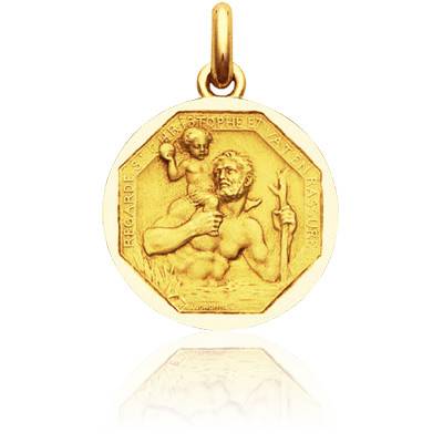 Octagonal 750/1000 Yellow Gold Saint Christopher Medal, Diameter 15 mm to 22 mm - Becker
