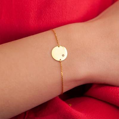 Bracelet Jeton Médaille, Or Jaune 375 ou 750, Diamant 0,011 CT, Longueur 18 cm - Rosatella