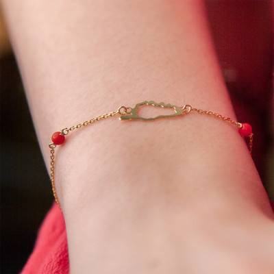 Yellow Gold 375 or 750 Corsican Bracelet & Coral Stones, Length 18 cm - Rosatella
