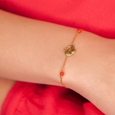 Yellow Gold 375 or 750 Corsican Moorish Head Bracelet & Coral Stones, 18 cm - Rosatella