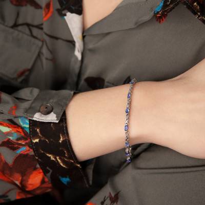 Bracelet en Or Blanc 750, Tanzanites et Diamants, Longueur 19 cm - Aurora